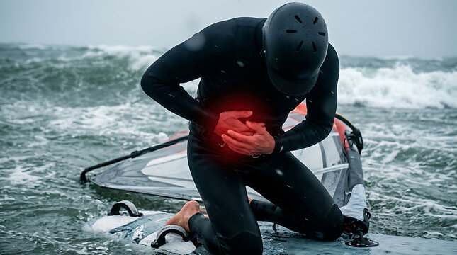 Water Sports Injury: Athlete with Abdominal Pain in Rough Sea. Windsurfer experiencing stomach distress after an accident.