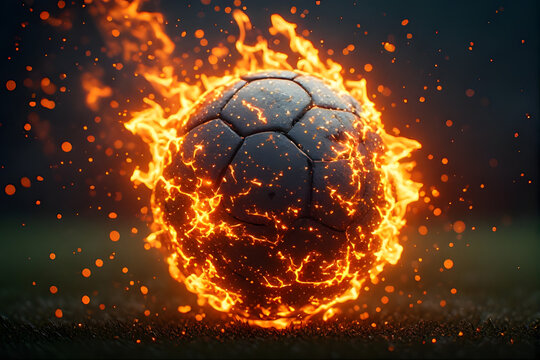 Fiery Soccer Ball Surrounded by Flames on Dark Field
