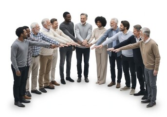 Obraz premium Diverse group of people joining hands in unity, teamwork and collaboration concept, business diversity, multicultural community