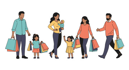 Fototapeta premium Multiethnic family groups walking with shopping bags, showcasing a diverse retail experience and the joy of consumerism across generations.