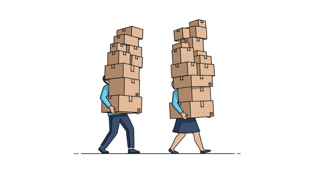 Two characters struggling to walk while carrying enormous stacks of cardboard boxes illustrating heavy workloads and delivery challenges.