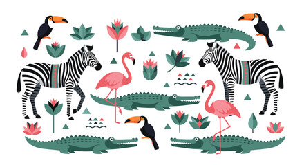 Obraz premium Artistic collection of stylized wild animals including zebras, flamingos, toucans, and crocodiles decorated with geometric patterns.