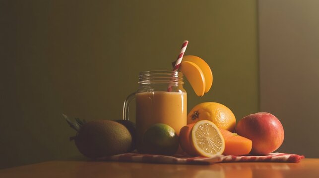 Fresh fruit smoothie in a glass jar with tropical fruits still life arrangement, healthy drink close-up shot