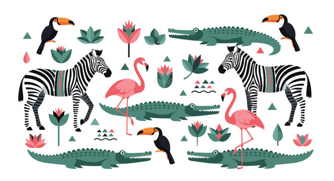 Artistic collection of stylized wild animals including zebras, flamingos, toucans, and crocodiles decorated with geometric patterns.