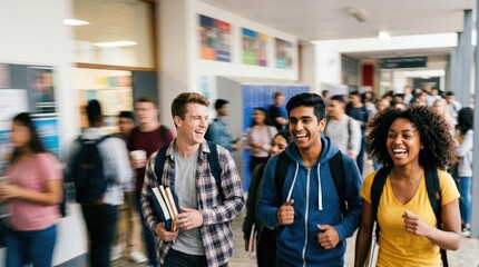 Obraz premium Diverse Group of Happy High School Students Walking and Laughing Together in a Bright School Hallway