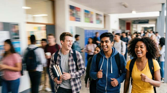 Diverse Group of Happy High School Students Walking and Laughing Together in a Bright School Hallway