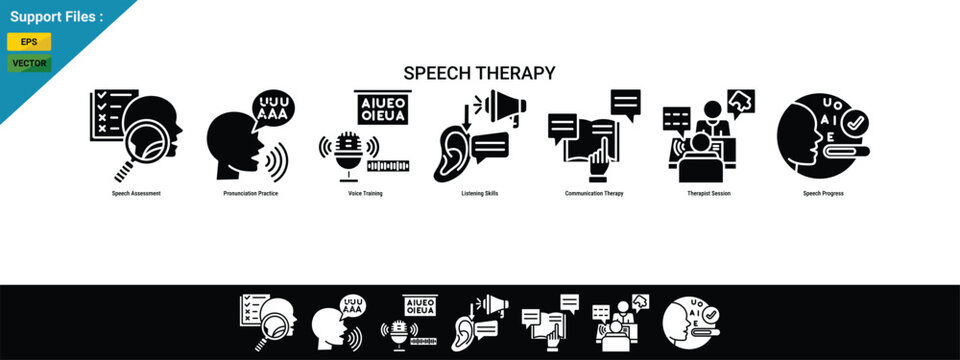 Speech Therapy Concept with Communication Development, Language Rehabilitation and Speaking Practice Icon Set. glyph icon set. Black Background With White.