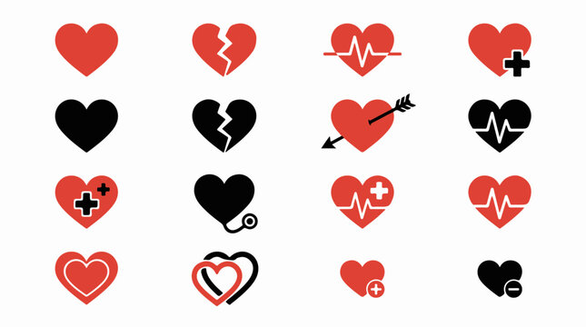 Collection of flat heart vector icons in red and black colors featuring broken hearts, heartbeat lines, arrows, medical plus signs, and love symbols for healthcare or romantic design templates.