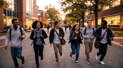 Fototapeta premium Diverse Group of College Students Running Together on University Campus Path at Sunset