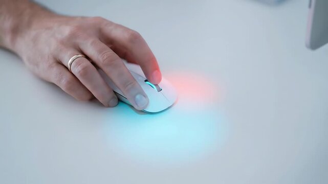 Hand using wireless mouse on desk with cybersecurity risk management concepts for secure digital technology and computer accessory environment