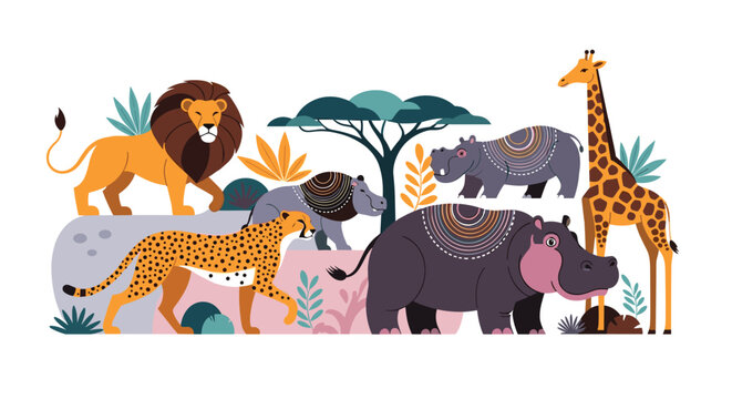 Beautiful illustration of African wildlife including a lion cheetah giraffe and hippos with traditional ethnic patterns in the scenery.
