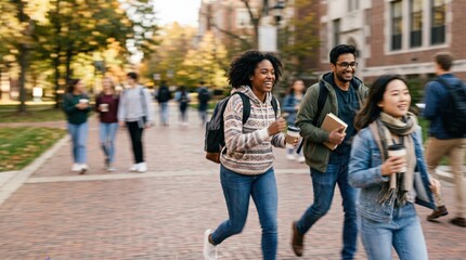 Obraz premium Diverse Group of Happy College Students Walking Together on University Campus Pathway