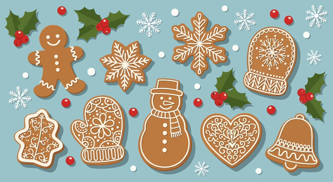 A festive collection of Christmas gingerbread cookies featuring a snowman, snowflake, mitten, and heart shapes