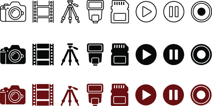 Photography and videography camera equipment icons set with photography videography equipment collection shooting professional operator production controls interface accessory creative