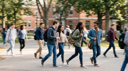 Obraz premium Diverse Group of College Students Walking Together on University Campus Pathway