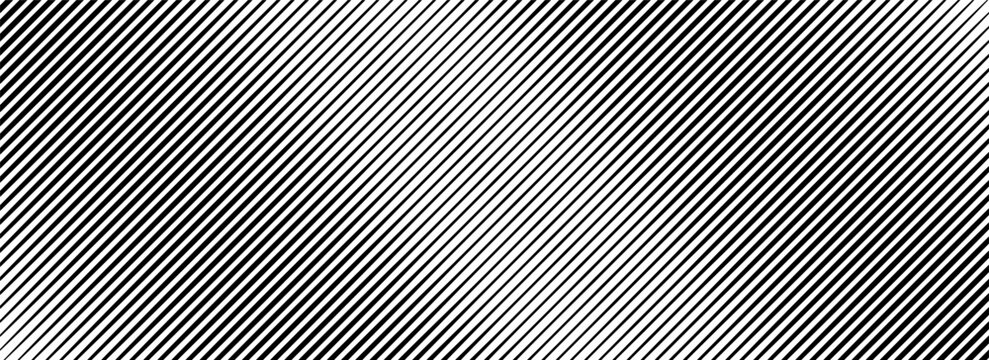 Diagonal thin line halftone gradation texture. Fade oblique stripe gradient background. Black slanted pattern backdrop. Vanishing parallel tilted stripe wallpaper for overlay, print, cover. Vector
