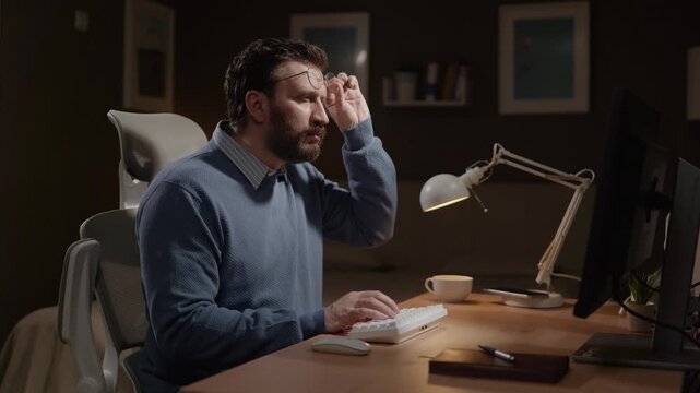 Surprised freelancer stares at his computer screen, his expression one of shock, and he lifts his glasses as gesture of surprise. Shock news, surprise, amazement concept