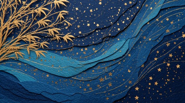 Papercut tanabata night sky scene layered indigo and gold japane