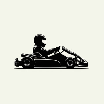Icon go kart racing driver silhouette, vector illustration of a professional karting racer in a helmet driving a gokart on the track