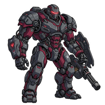 Red and gray futuristic combat robot with minigun and shield