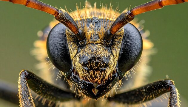 Detailed close-up of a wasps face showcasing intricate details and textures.