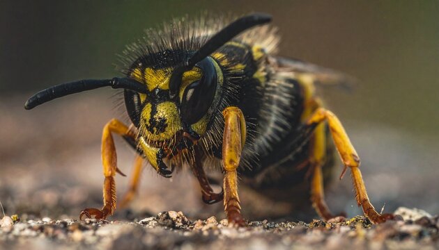 Detailed close-up of a yellowjacket wasp with striking yellow and black markings.