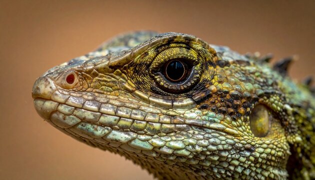 Detailed close-up of a spiny lizards head and eye.