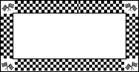 Obraz premium Rectangular racing frame template with a black and white checkered border pattern and crossed finish line flags in the corners.