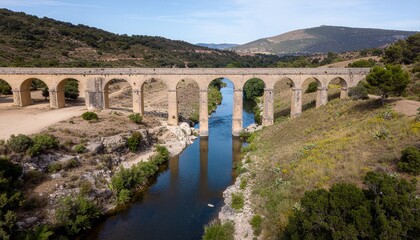 Fototapeta premium Historic stone irrigation aqueduct over a rural river valley