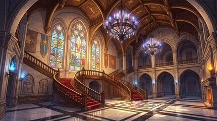 Obraz premium Magnificent Grand Hall with Ornate Stained Glass Windows and Sweeping Staircase - Historic Castle Interior