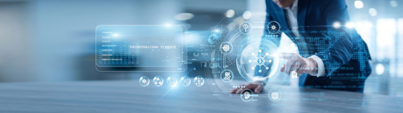Trader hand touch DECENTRALIZED FINANCE protocol on blockchain network for global trading. Peer-to-peer systems enable transparent asset management and digital currency circulation.