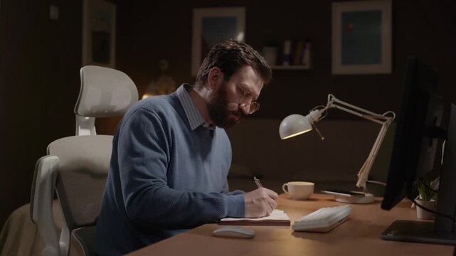 Freelancer at work. Male remote worker takes notes in diary and looks at computer screen. Project planning, task management, brainstorming concepts