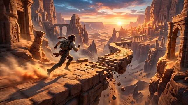 Heroic figure races against time on a perilous crumbling desert path as the sun sets over an ancient canyon landscape