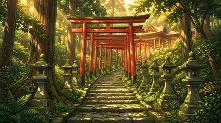 Obraz premium Serene Pathway Lined with Traditional Torii Gates Leading to a Japanese Shrine