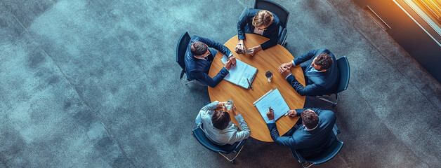 Obraz premium Top view of group of multiethnic busy people working in an office, Aerial view with businessman and businesswoman sitting around a conference table with blank copy space, Business meeting concept
