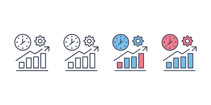 Productivity icon design set in line filled and outline styles showing efficiency planning schedule and task management concepts for workplace workflow and business performance improvement