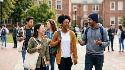 Obraz premium Diverse Group of Young College Students Walking and Talking Together on University Campus Grounds