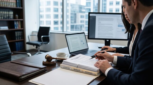 Lawyers reviewing legal documents and contracts at desk, signing agreement, litigation mandate affidavit, corporate law firm meeting, professional attorney consultation