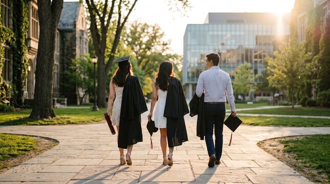 Group of three diverse graduates walking together on university campus path at sunset holding diplomas and gowns, symbolizing completion of studies and new beginnings.