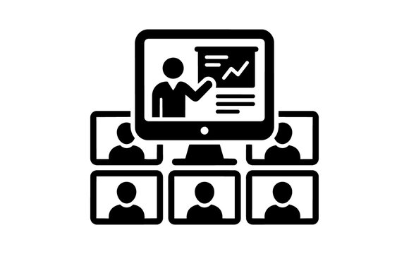 Online meeting with presenter and remote participants on computer screens in a virtual conference setting