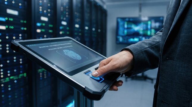 Professional IT specialist using biometric fingerprint scanner on rugged tablet for secure server room access