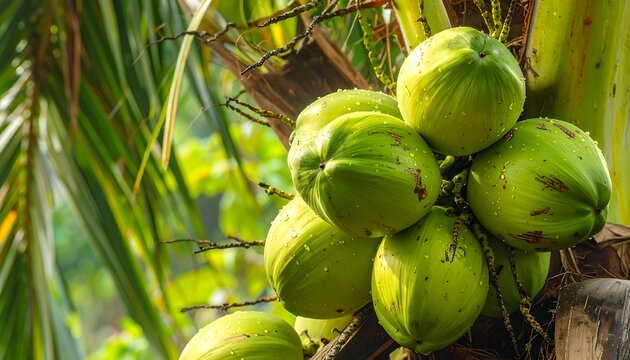Cluster of young green coconuts grows on a palm tree, dappled sunlight
