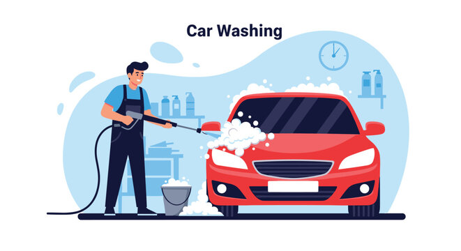 Young man using a professional high-pressure washer to clean a red car with soapy foam against a light blue background with car care icons.