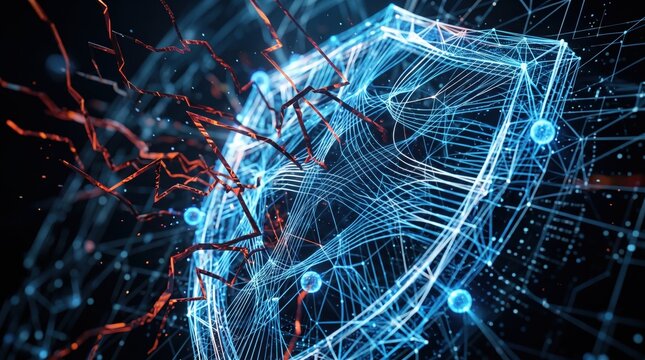 Abstract digital cybersecurity shield protecting against malware attacks, glowing blue firewall network defense system blocking red virus threats, data encryption