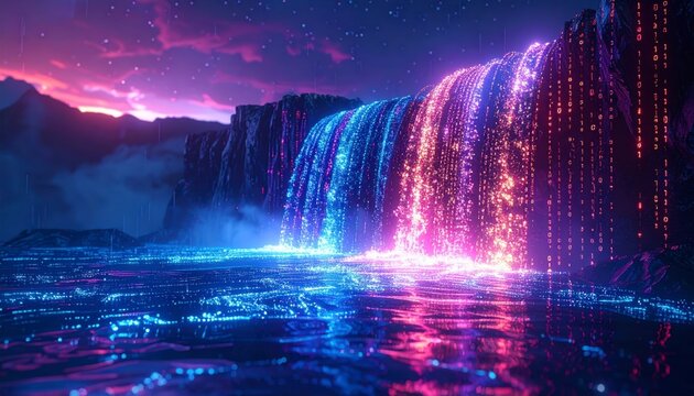 A cinematic digital landscape depicting a glowing waterfall of binary code cascading from dark cliffs into a pool of pure energy beneath a starry night sky, rendered in rich neon tones.
