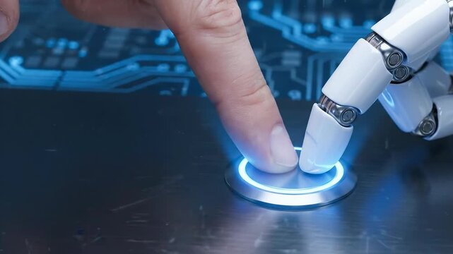 Human finger and robot finger pressing illuminated button symbolizing cybersecurity risk management technology automation and advanced human robot