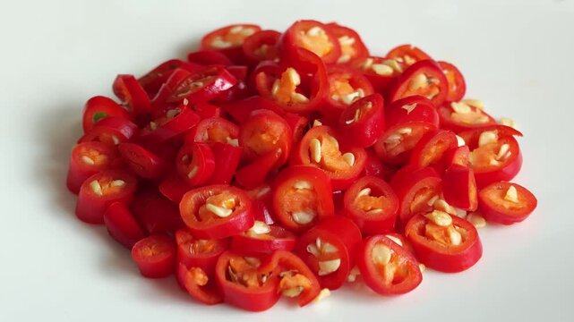 Sliced ​​ripe red chili peppers on a white plate.