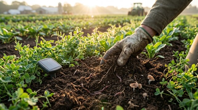Close-up of farmer hand checking soil health and earthworms next to a smart agriculture sensor in a green field at sunrise, representing sustainable farming