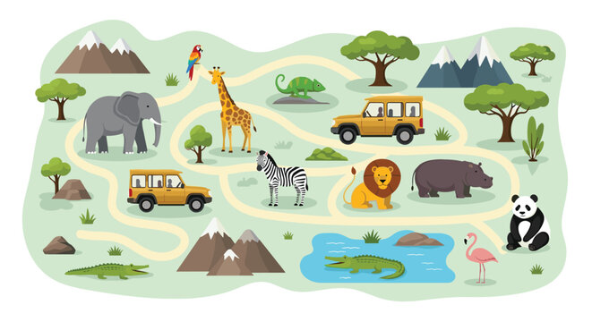 Map of a wildlife safari park featuring various animals like elephants, giraffes, lions, and zebras with tourist vehicles.