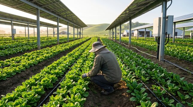 Farmer inspecting lettuce crops growing under elevated solar panel arrays in agrivoltaics farm